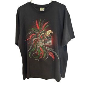 Karani Art T-Shirt XL Mexico Aztec Warrior Skull Brilliant Color on Black Cotton